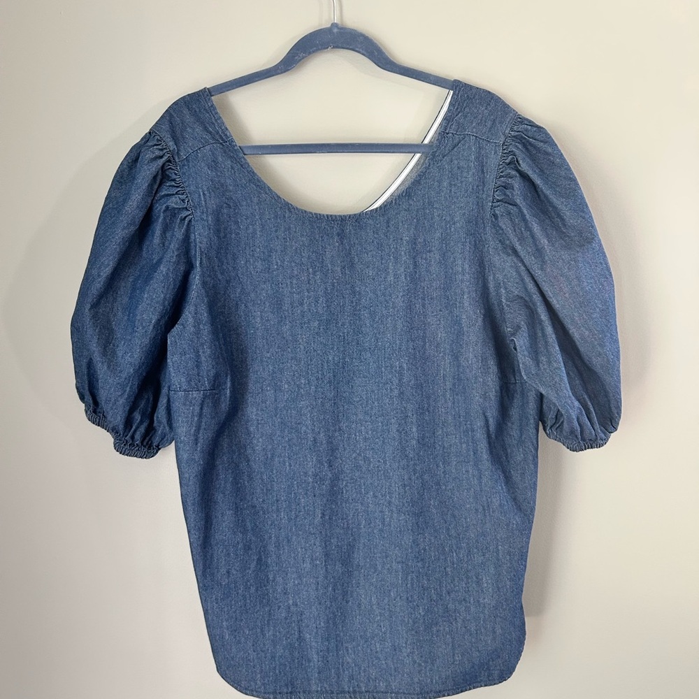 Eloquii Denim Blue Puff Sleeve Blouse - Picture 2 of 7